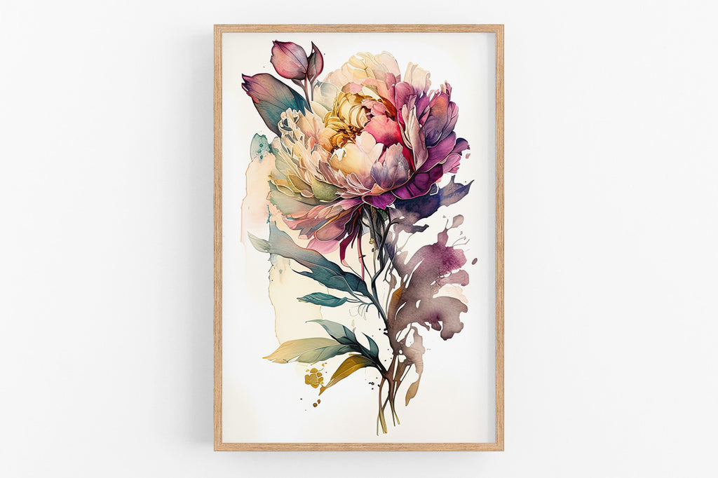 The image is a framed watercolor painting depicting a large, vibrant flower with multiple layers of petals in various colors, including pink, purple, and yellow.