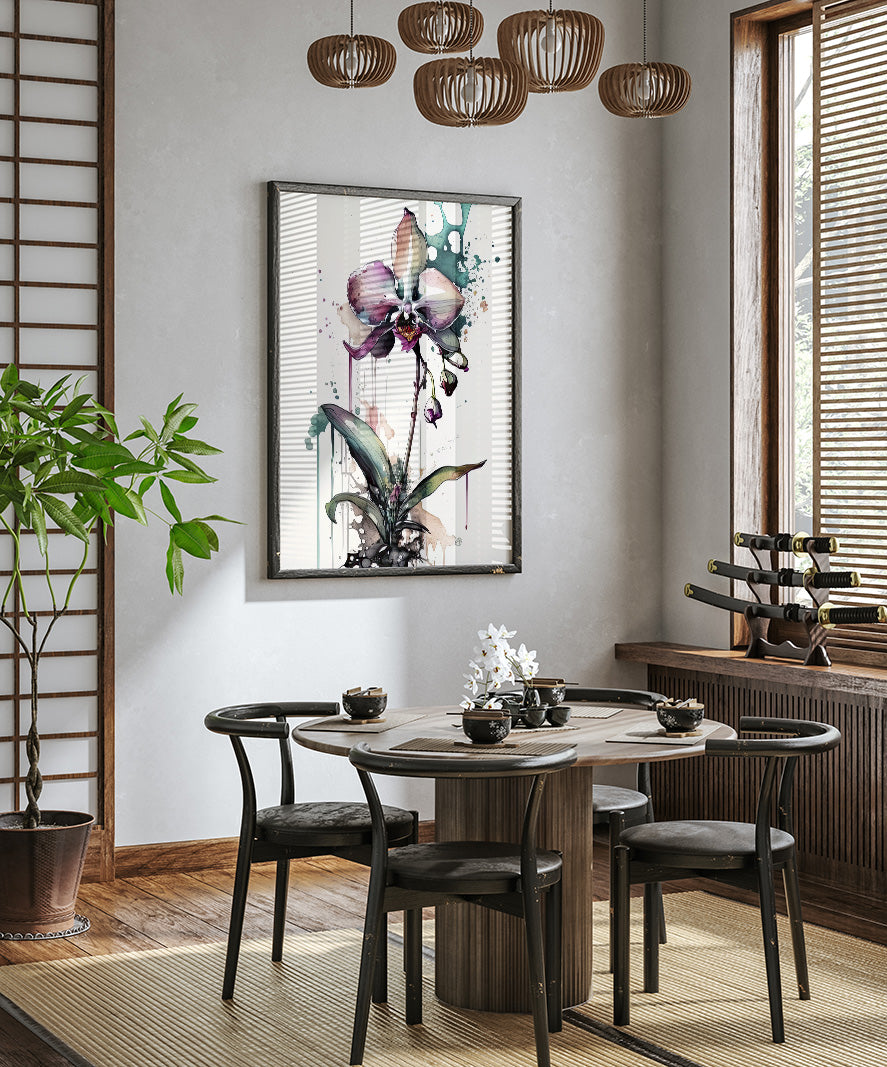 a modern dining room with a round wooden table surrounded by black chairs. A large, colorful painting of an orchid is hanging on the wall above the table. The room has a minimalist and elegant design, with a wooden floor and a large window providing natural light.