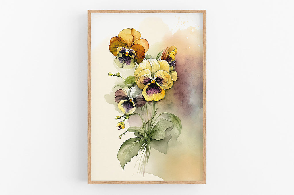 A framed watercolor painting depicting a bouquet of colorful pansy flowers.