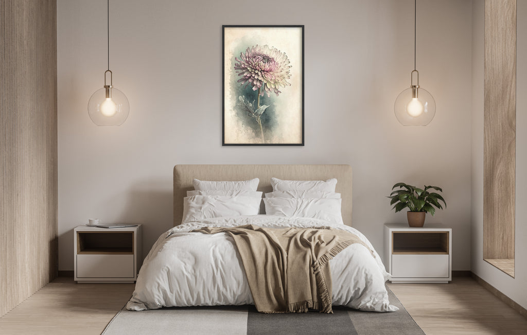 a serene and modern bedroom with a large bed, white bedding, and a framed painting of a flower hanging above it. The room is illuminated by two pendant lights, creating a warm and inviting atmosphere.
