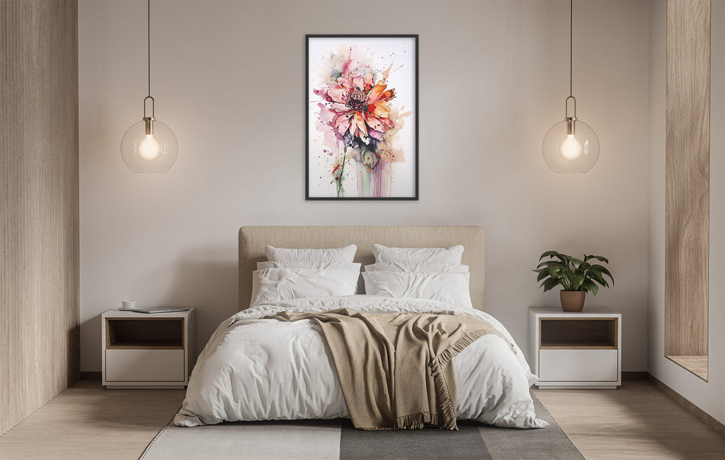 a serene and modern bedroom with a large bed, white bedding, and a framed painting of a colorful flower hanging above it. The room is illuminated by two pendant lights, creating a warm and inviting atmosphere.