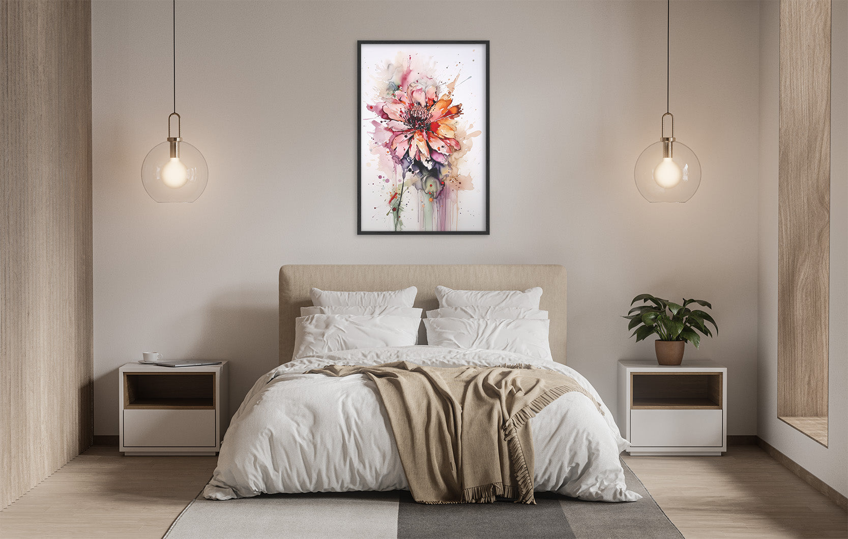 a serene and modern bedroom with a large bed, white bedding, and a framed painting of a colorful flower hanging above it. The room is illuminated by two pendant lights, creating a warm and inviting atmosphere.