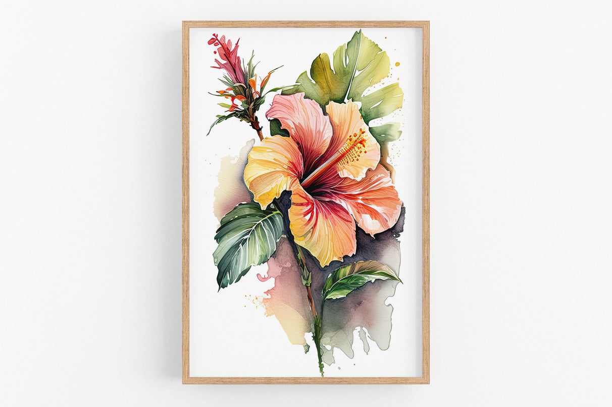 A framed watercolor painting depicting a vibrant hibiscus flower with its large, colorful petals and lush green leaves.