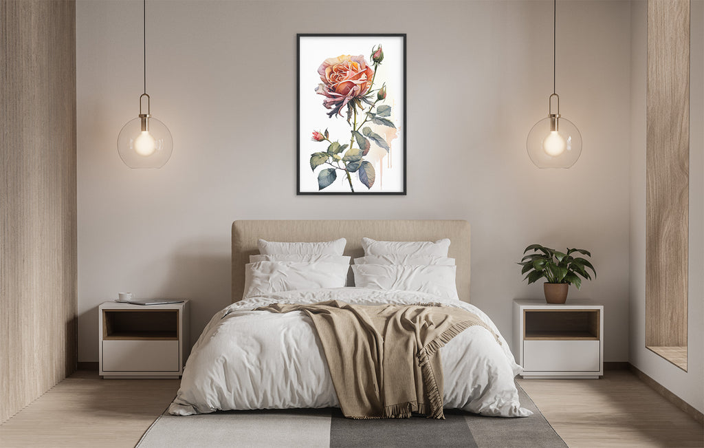 a serene and modern bedroom with a large bed, white bedding, and a framed painting of a rose hanging above it. The room is illuminated by two pendant lights, creating a warm and inviting atmosphere.