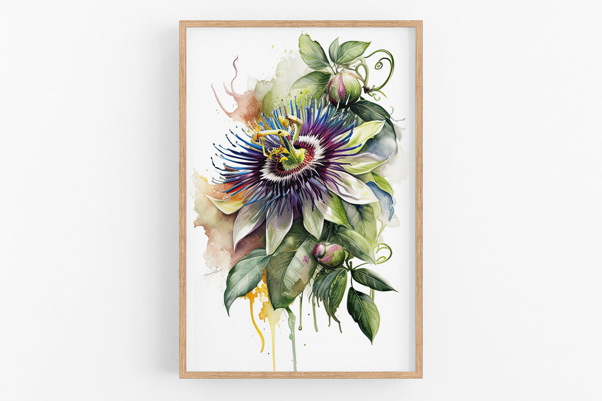 The image is a framed watercolor painting depicting a vibrant and colorful flower with green leaves and a yellow center.