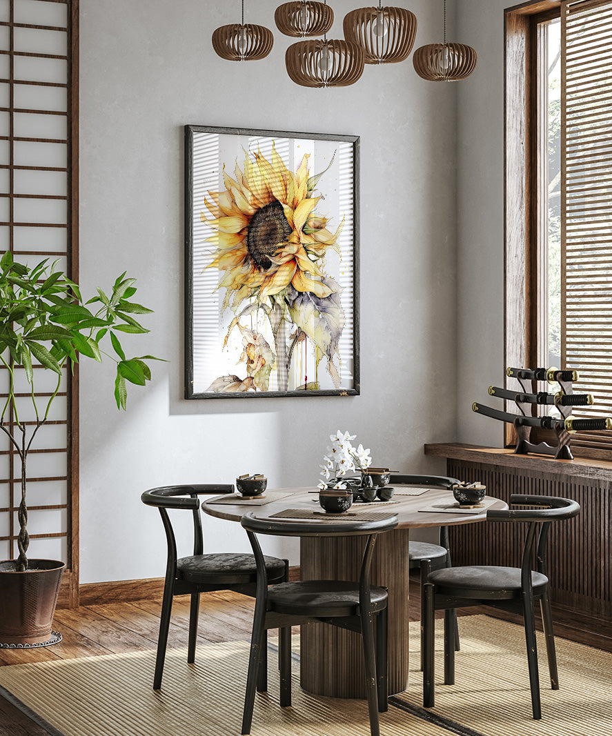 a modern dining room with a round wooden table, black chairs, and a large sunflower painting hanging on the wall above the table.