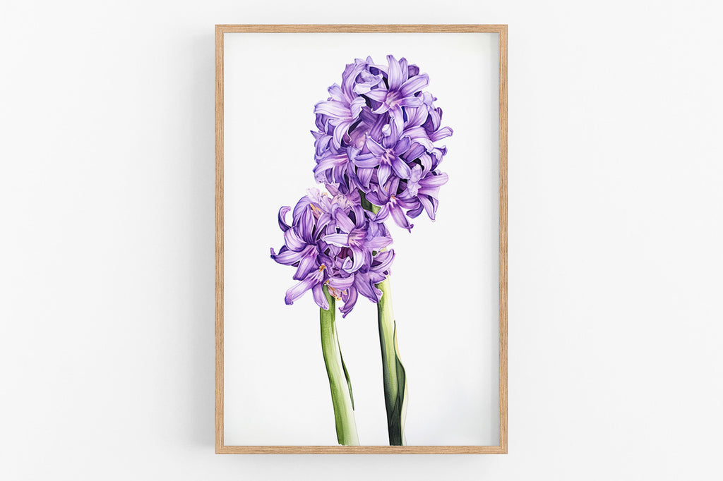 a framed photograph of two purple flowers with green stems.