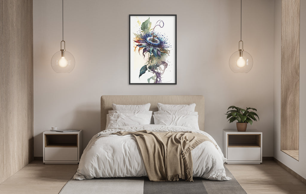 a serene and modern bedroom with a large bed, white bedding, and a framed artwork hanging above it. The room has a minimalist and clean design, with pendant lights hanging above the bed and a plant on the nightstand.