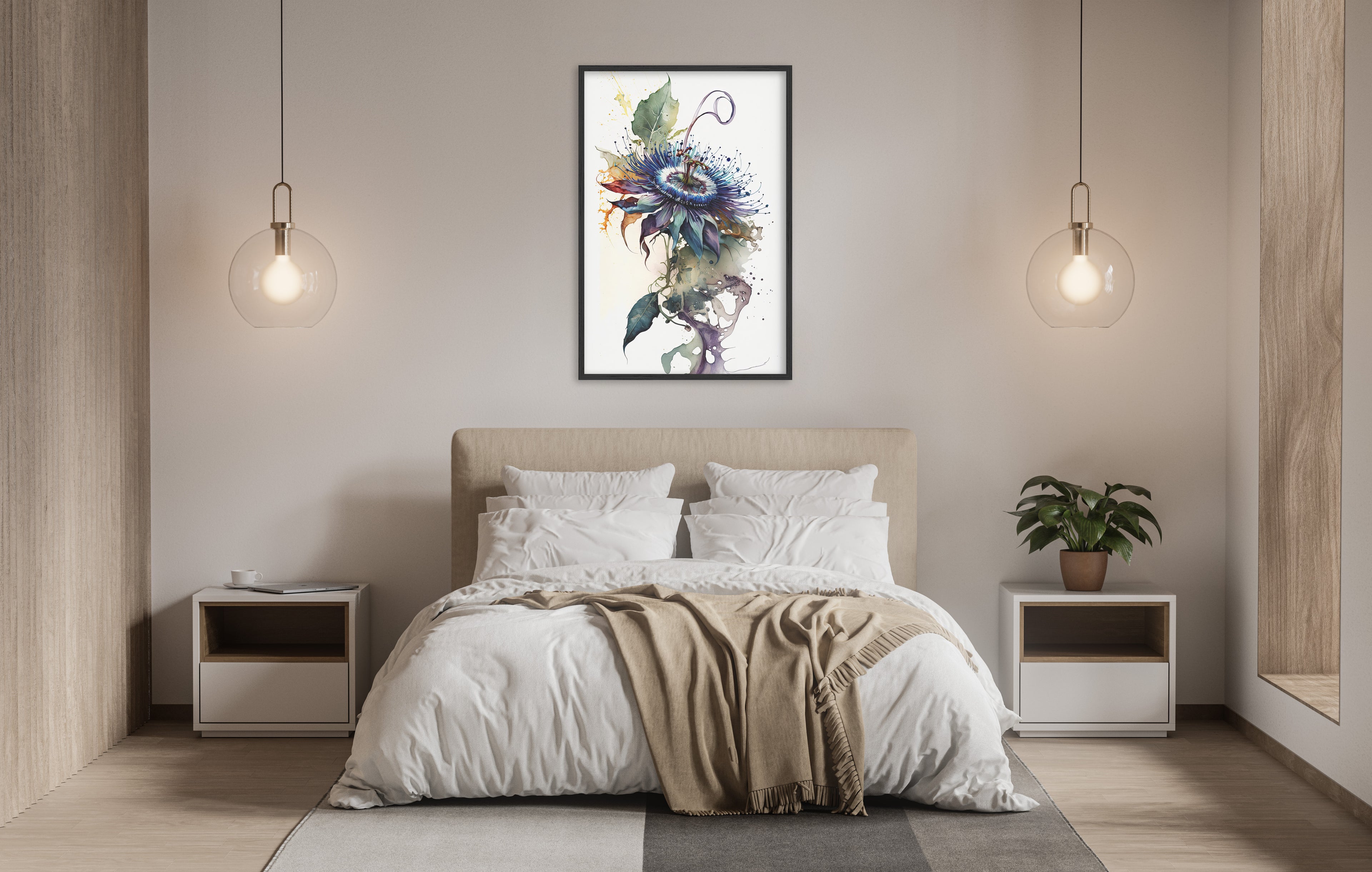 a serene and modern bedroom with a large bed, white bedding, and a framed artwork hanging above it. The room has a minimalist and clean design, with pendant lights hanging above the bed and a plant on the nightstand.