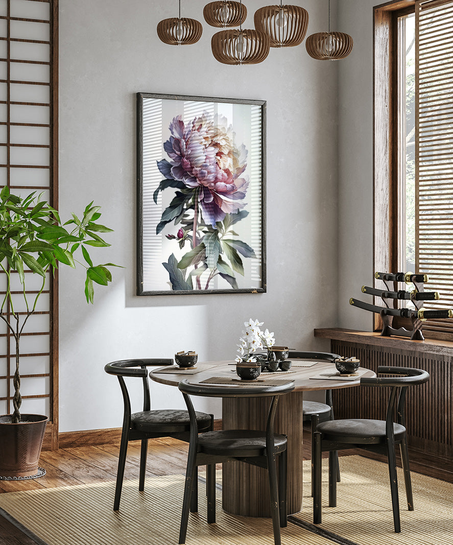 a modern dining room with a wooden table and chairs, a large floral painting on the wall, and a potted plant in the corner.