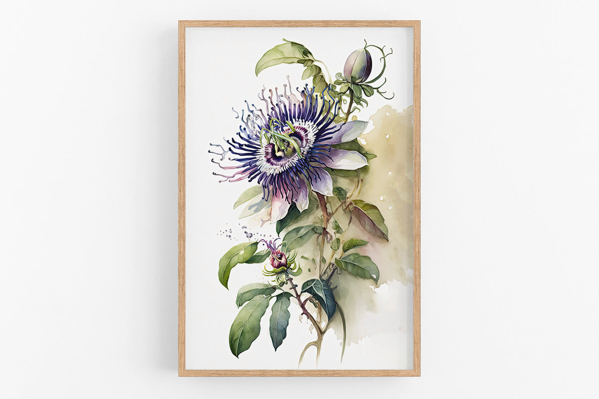 The image is a watercolor painting of a purple passion flower with green leaves and stems.