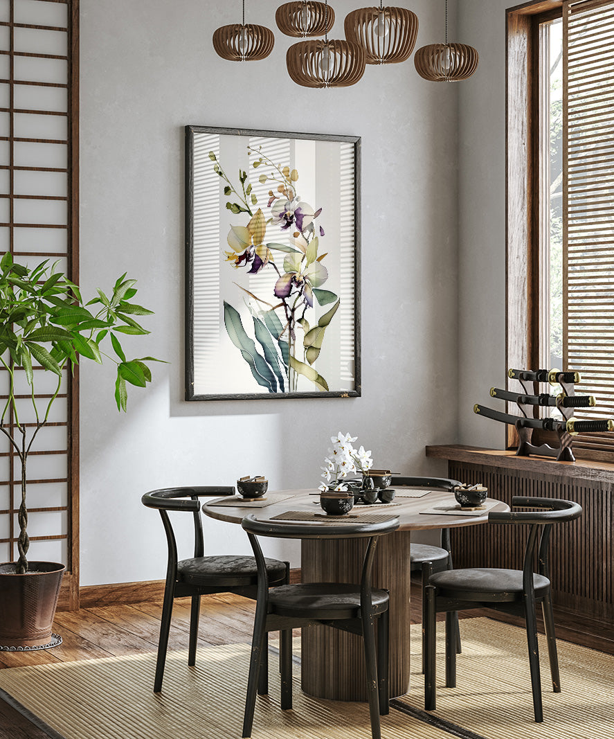 a modern dining room with a round wooden table surrounded by black chairs. A large floral painting hangs on the wall above the table, and a potted plant is placed on the left side of the room. The room has a minimalist and elegant design, with a wooden floor and a large window providing natural light.