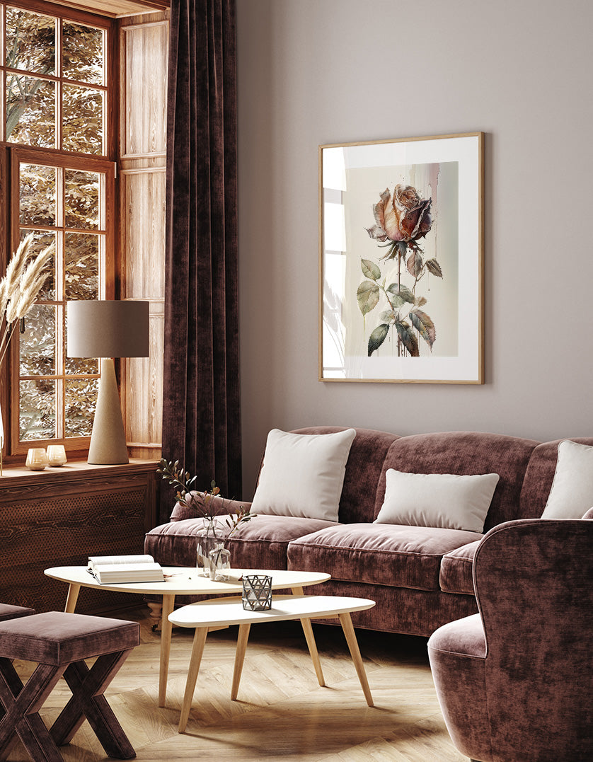 a cozy living room with a large window, a brown sofa, a wooden coffee table, and a framed painting of a rose on the wall.