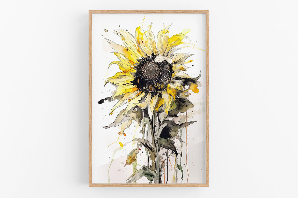 The image is a framed watercolor painting of a vibrant yellow sunflower with a black center, set against a white background.