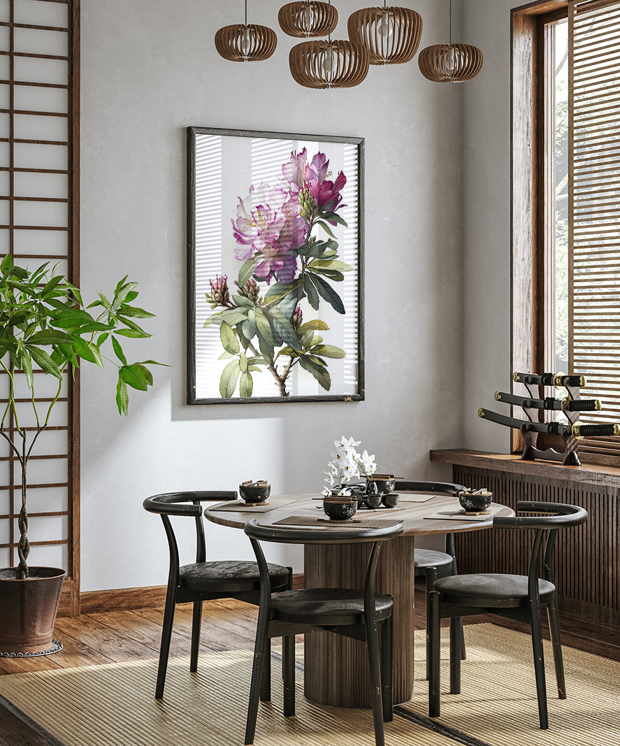 a modern dining room with a wooden table and chairs, a large floral painting on the wall, and a potted plant on the left side.