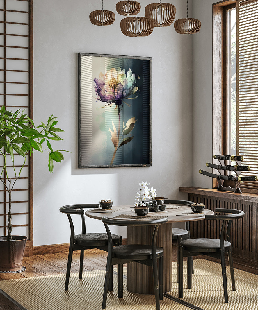 a modern dining room with a round wooden table, four black chairs, and a large floral painting hanging on the wall above the table.