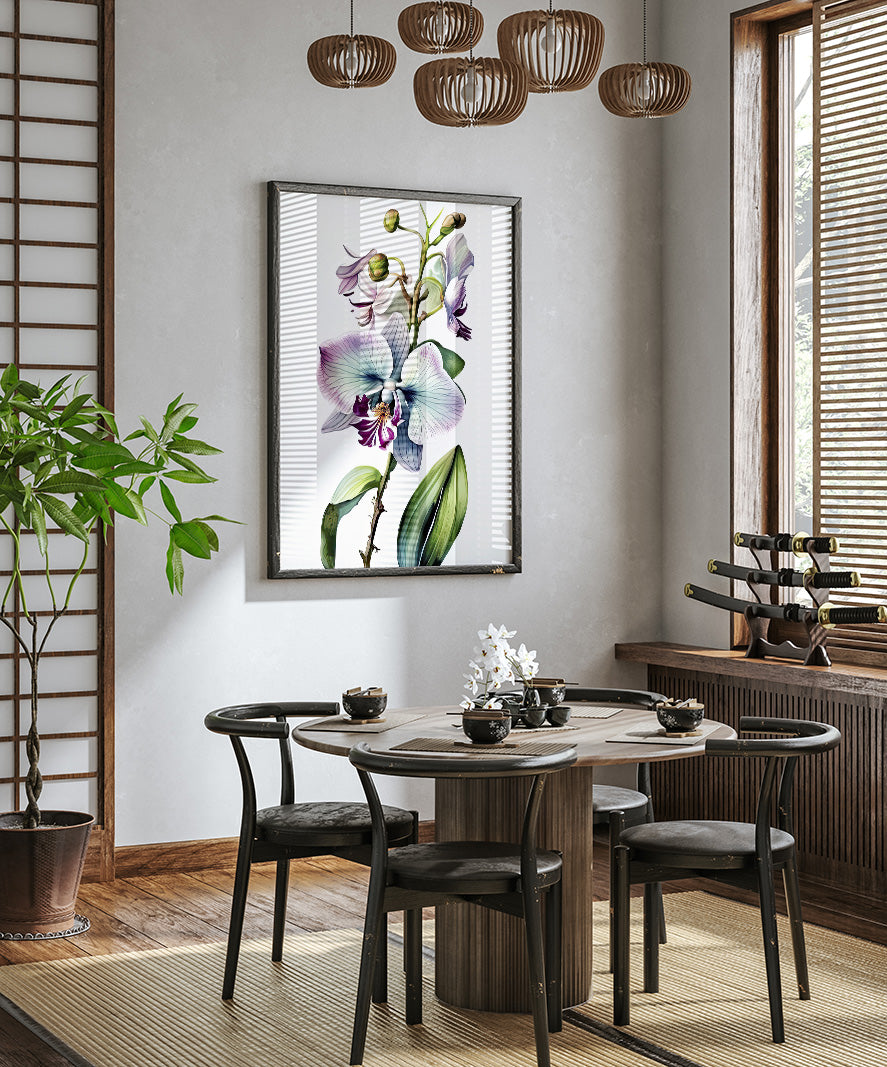 a modern dining room with a wooden table and chairs, a large floral painting on the wall, and a potted plant in the corner.