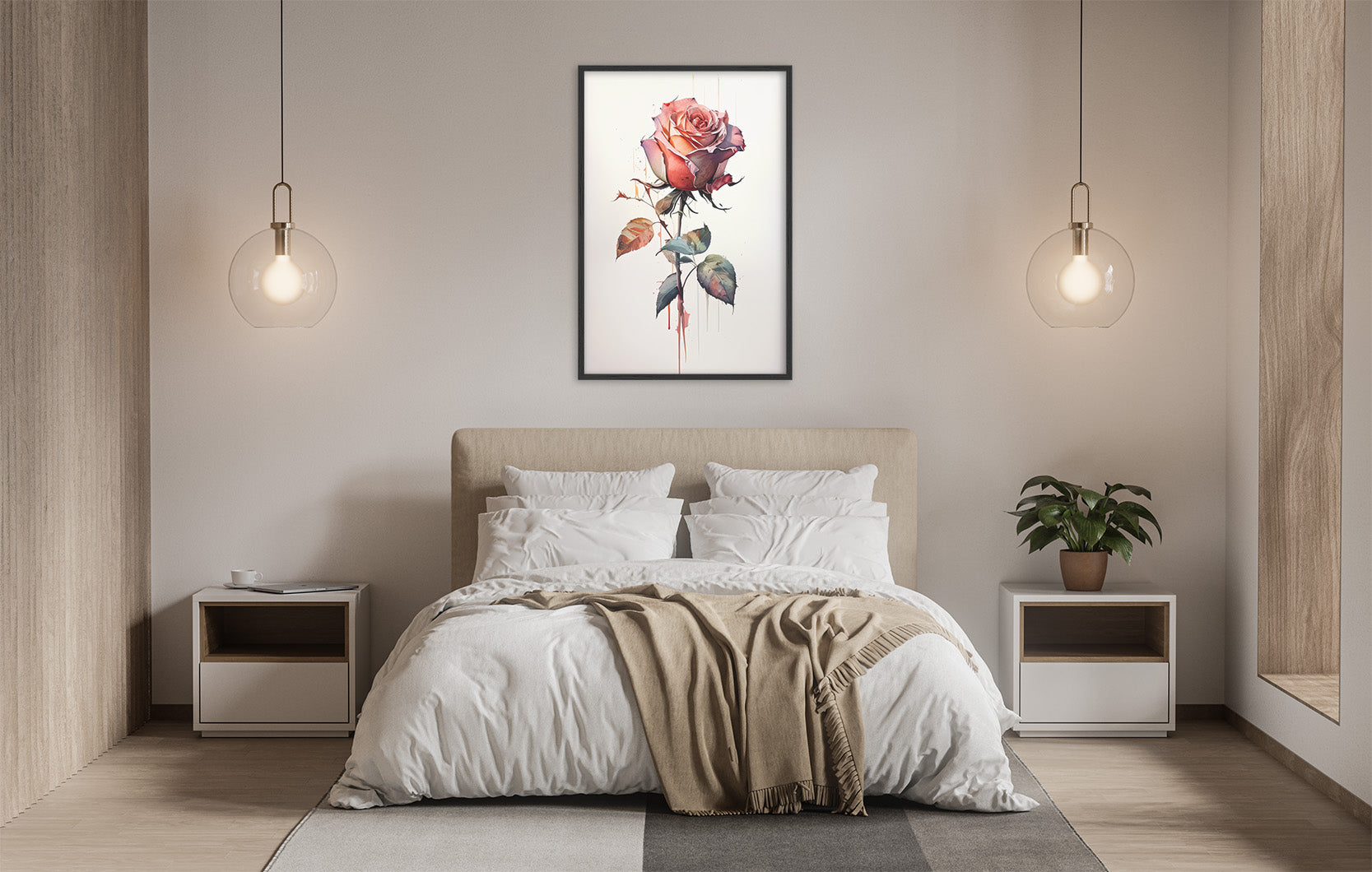 a serene and modern bedroom with a large bed, white bedding, and a framed painting of a red rose hanging above it. The room is illuminated by two pendant lights, creating a warm and inviting atmosphere.
