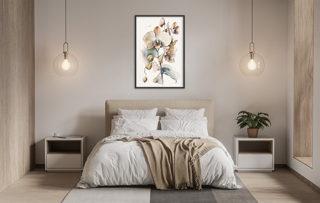 a serene and modern bedroom with a large bed, white bedding, and a framed painting of flowers hanging above it. The room is illuminated by two pendant lights, creating a warm and inviting atmosphere.