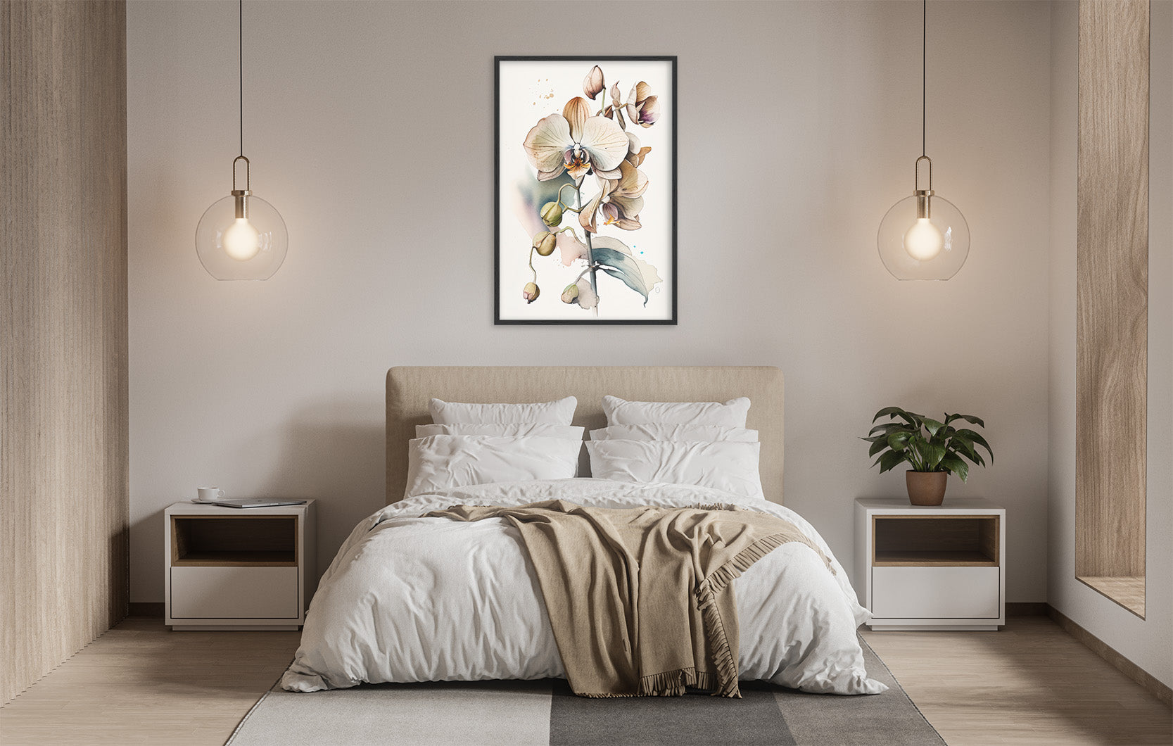 a serene and modern bedroom with a large bed, white bedding, and a framed painting of flowers hanging above it. The room is illuminated by two pendant lights, creating a warm and inviting atmosphere.