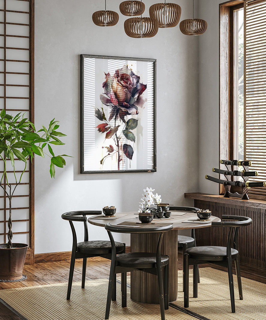 a modern dining room with a wooden table and chairs, a large floral print hanging on the wall, and a potted plant in the corner.