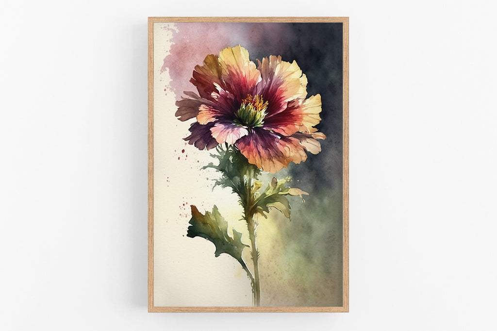 The image is a framed painting depicting a vibrant, colorful flower with a large center bloom surrounded by smaller petals in shades of red, orange, and yellow.