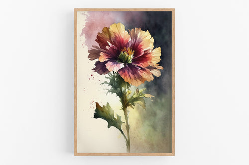 The image is a framed painting depicting a vibrant, colorful flower with a large center bloom surrounded by smaller petals in shades of red, orange, and yellow.