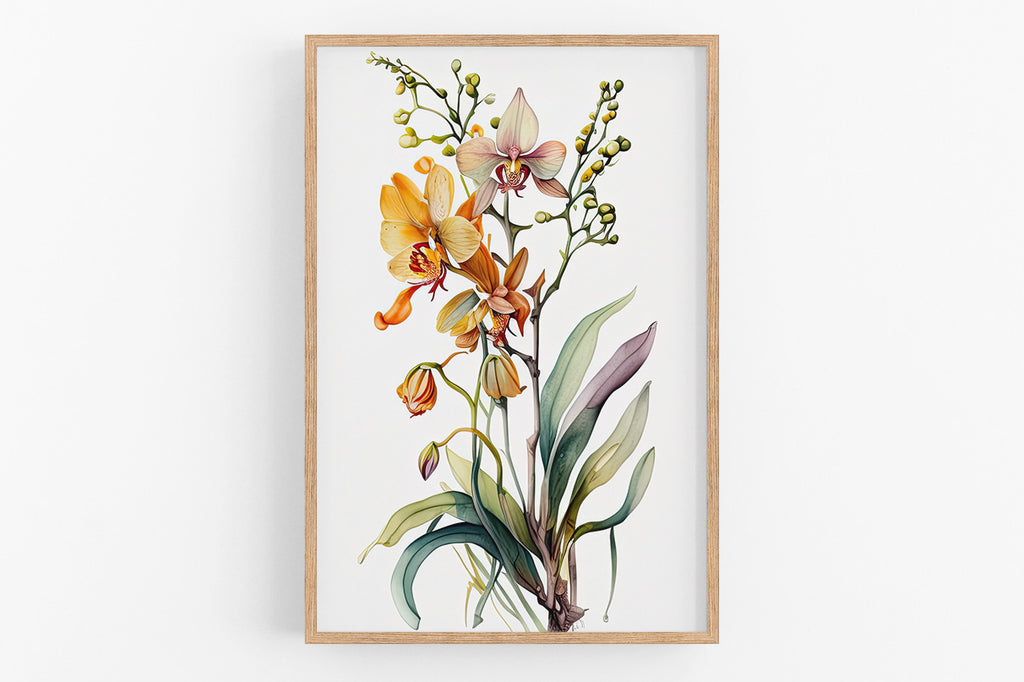 The image is a framed print depicting a vibrant arrangement of various flowers and plants, including orchids and other colorful blooms.