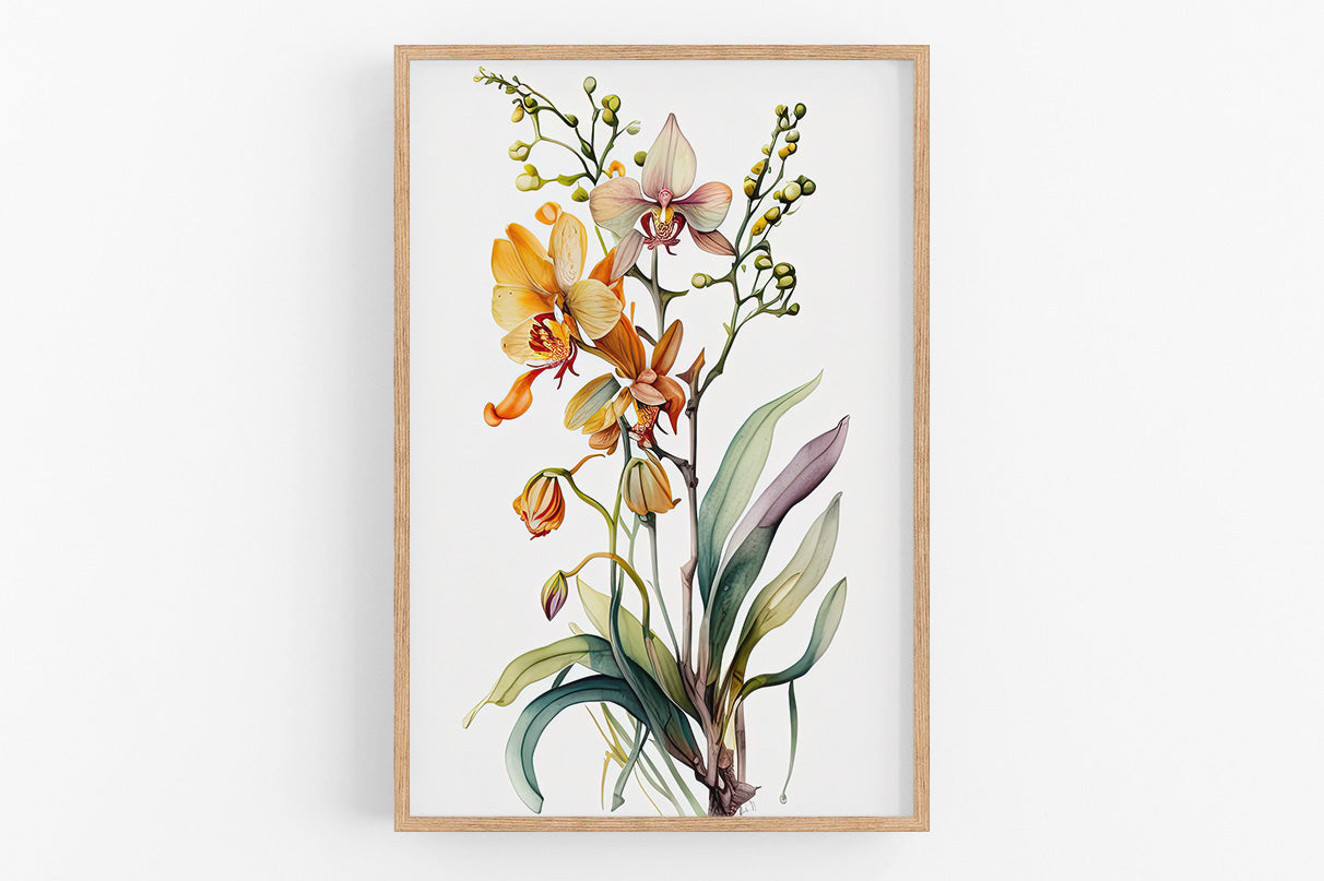 The image is a framed print depicting a vibrant arrangement of various flowers and plants, including orchids and other colorful blooms.
