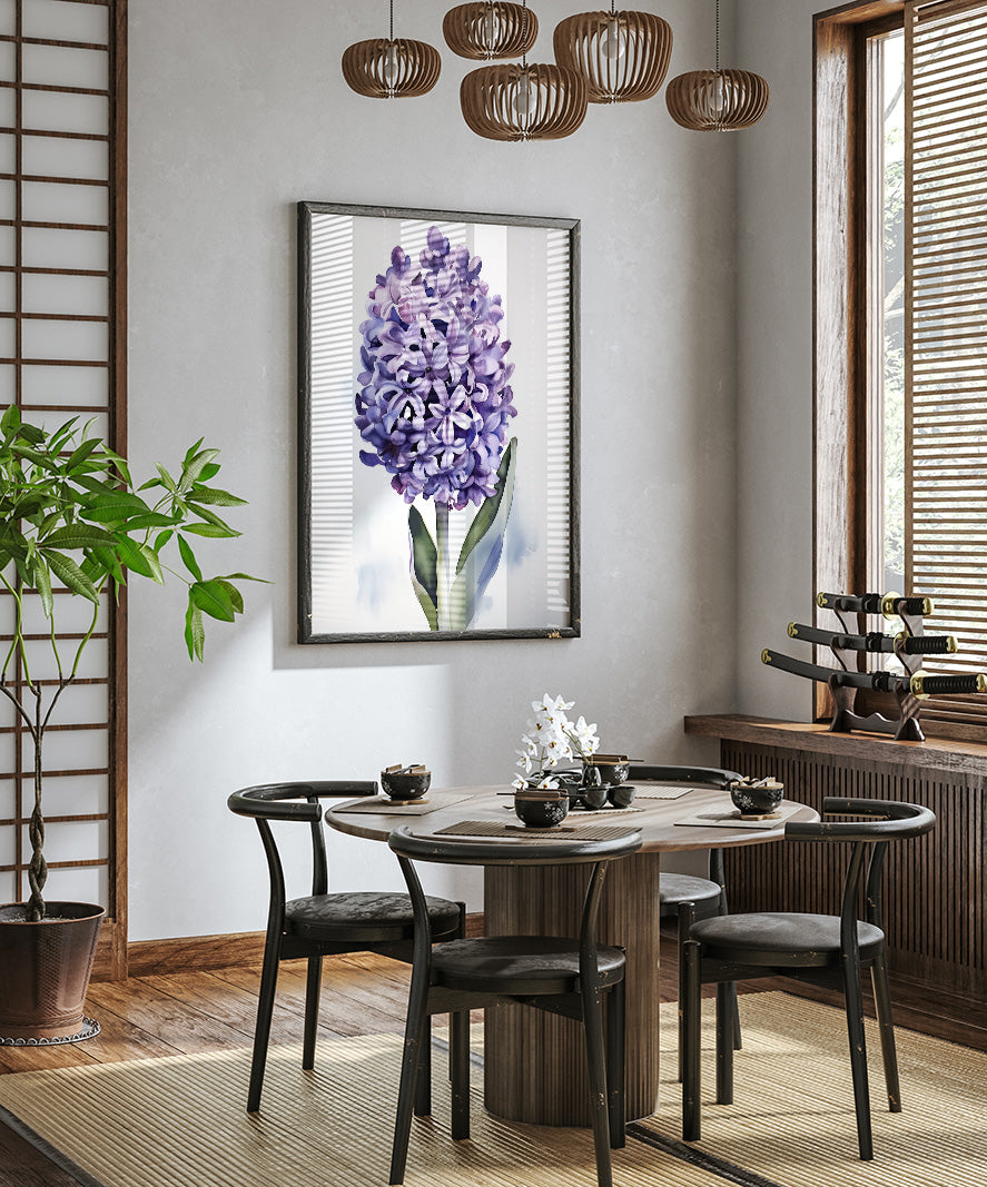 a modern dining room with a wooden table and chairs, a large framed purple flower painting on the wall, and a potted plant on the left side.
