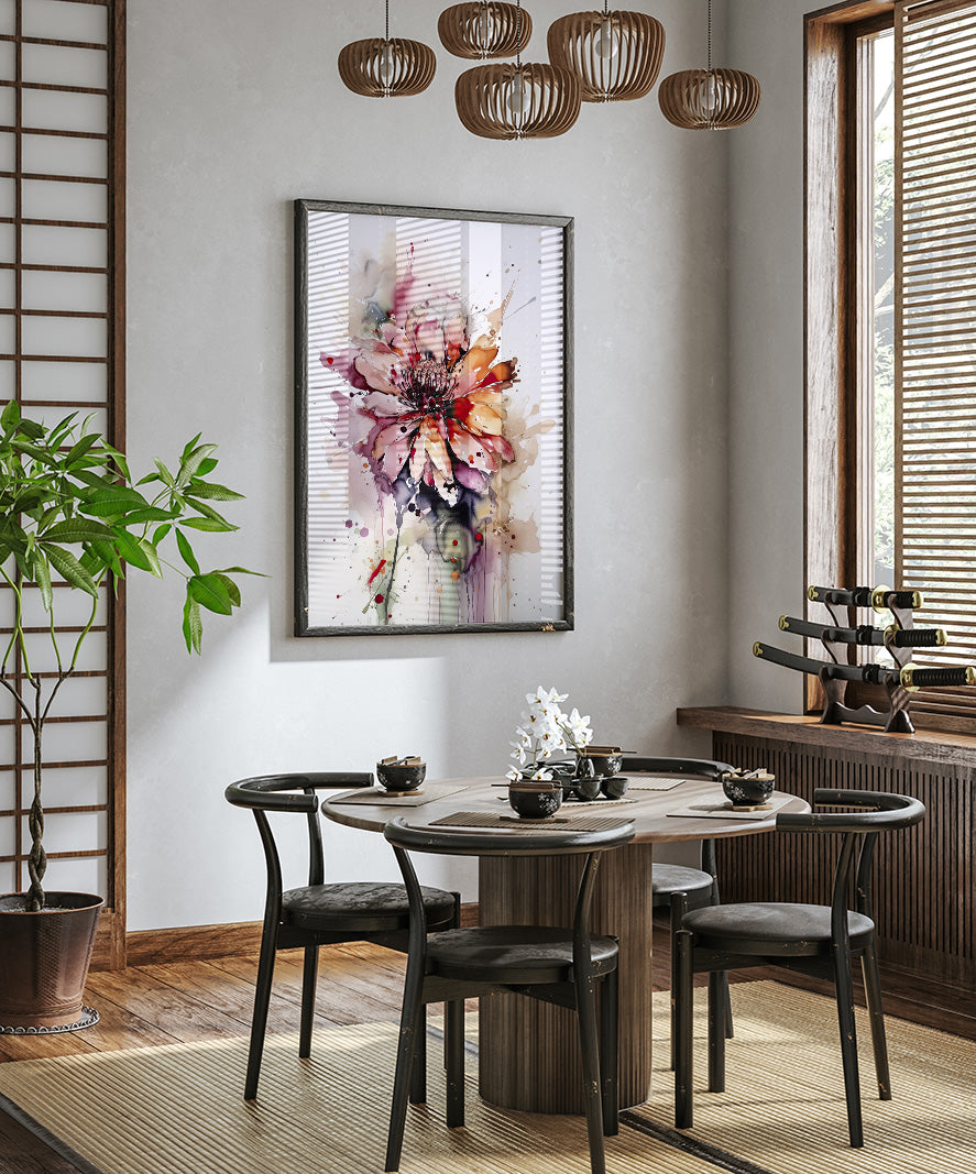 a modern dining room with a round wooden table, four black chairs, and a large window with wooden blinds. A framed watercolor painting of a flower hangs on the wall above the table, and a potted plant is placed on the floor next to the table.