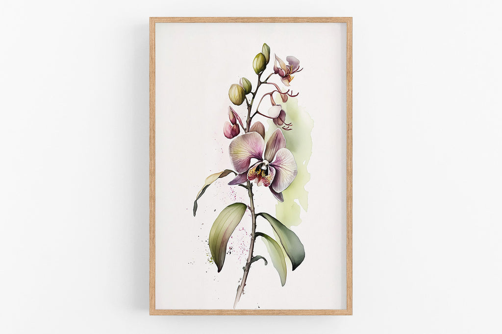 The image is a framed print depicting a vibrant orchid flower with green leaves and buds.