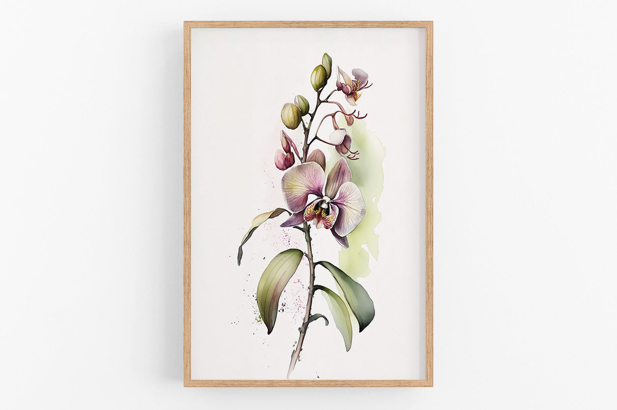 The image is a framed print depicting a vibrant orchid flower with green leaves and buds.
