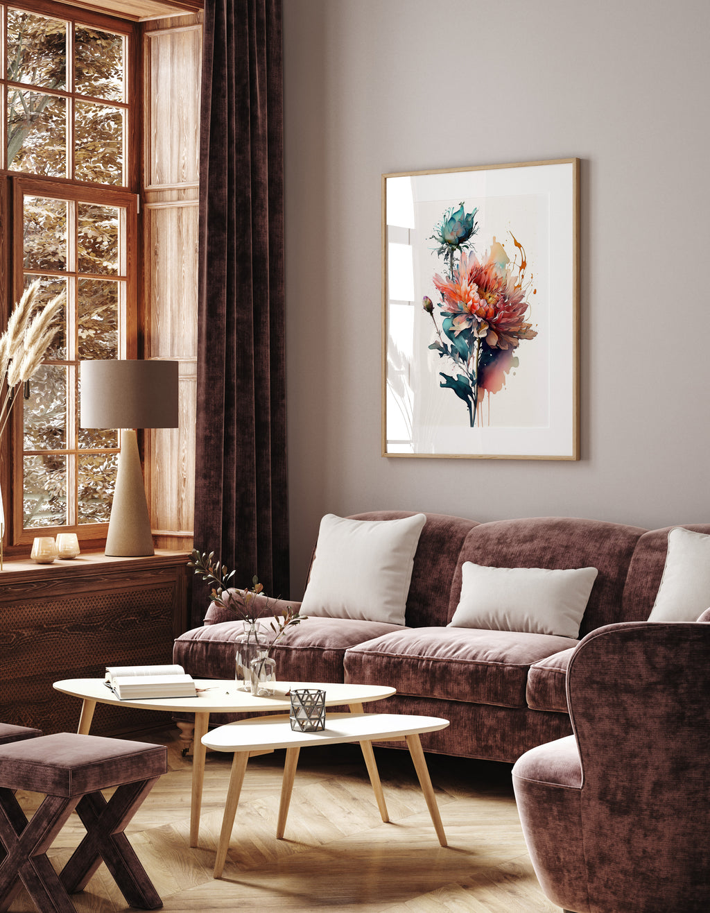 a cozy living room with a large window, a brown sofa, a wooden coffee table, and a framed watercolor painting of a flower on the wall.