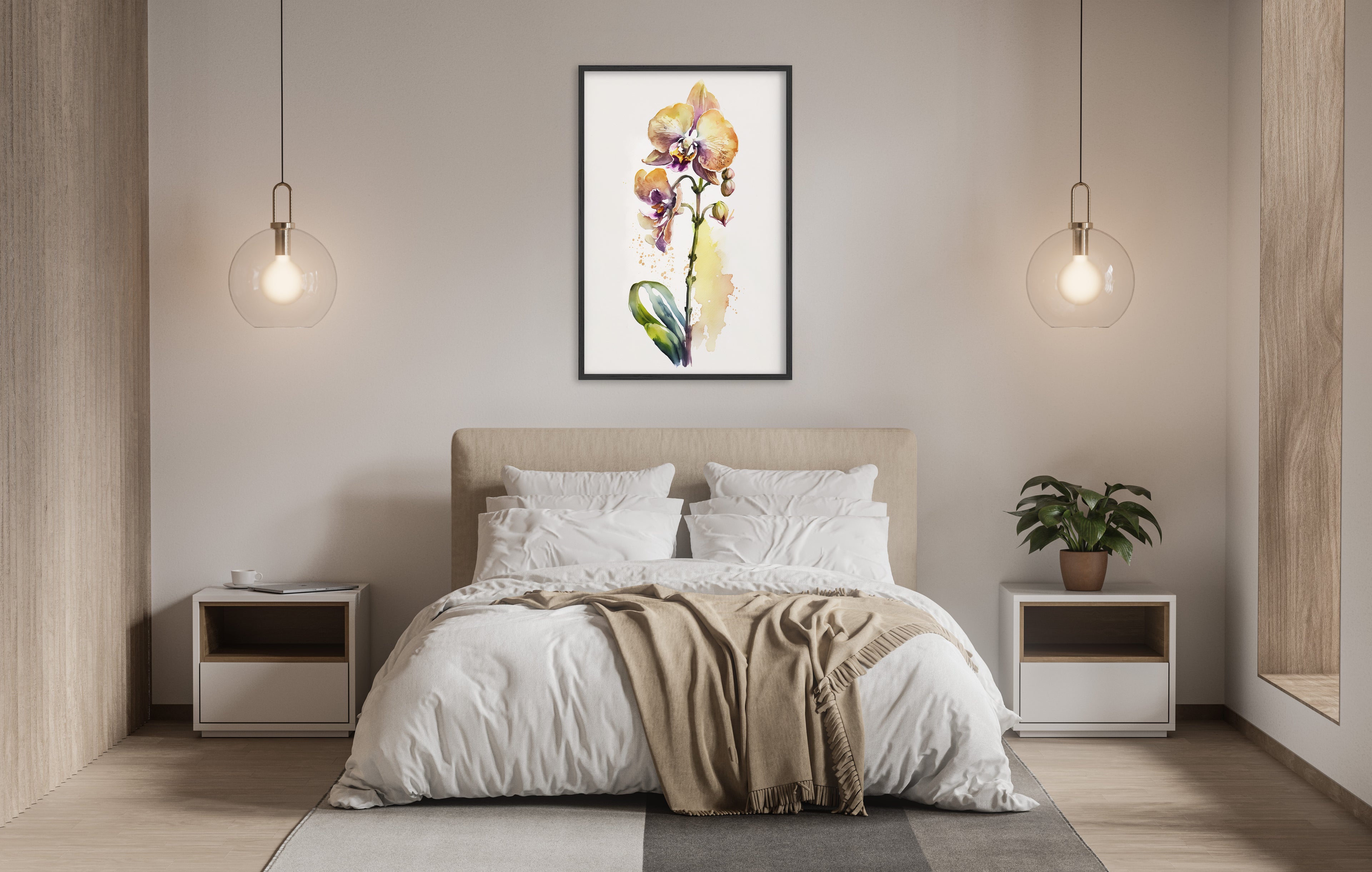 a serene and modern bedroom with a large bed, white bedding, and a framed painting of a flower hanging above it. The room is illuminated by two pendant lights, creating a warm and inviting atmosphere.