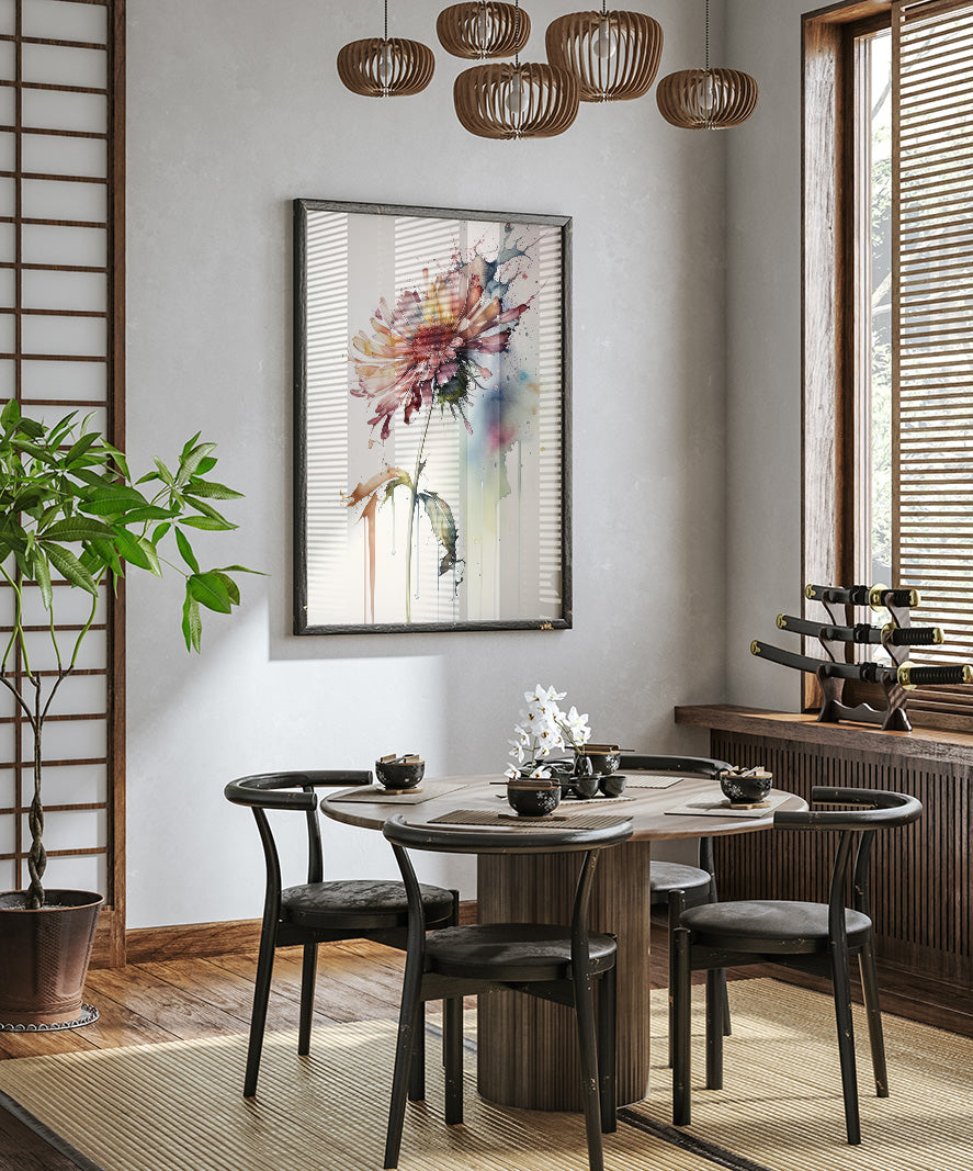 a modern dining room with a round wooden table, four black chairs, and a large window with wooden blinds. A large floral painting hangs on the wall above the table, and a chandelier hangs from the ceiling. The room is decorated with various plants and other decorative elements, creating a stylish and inviting atmosphere.