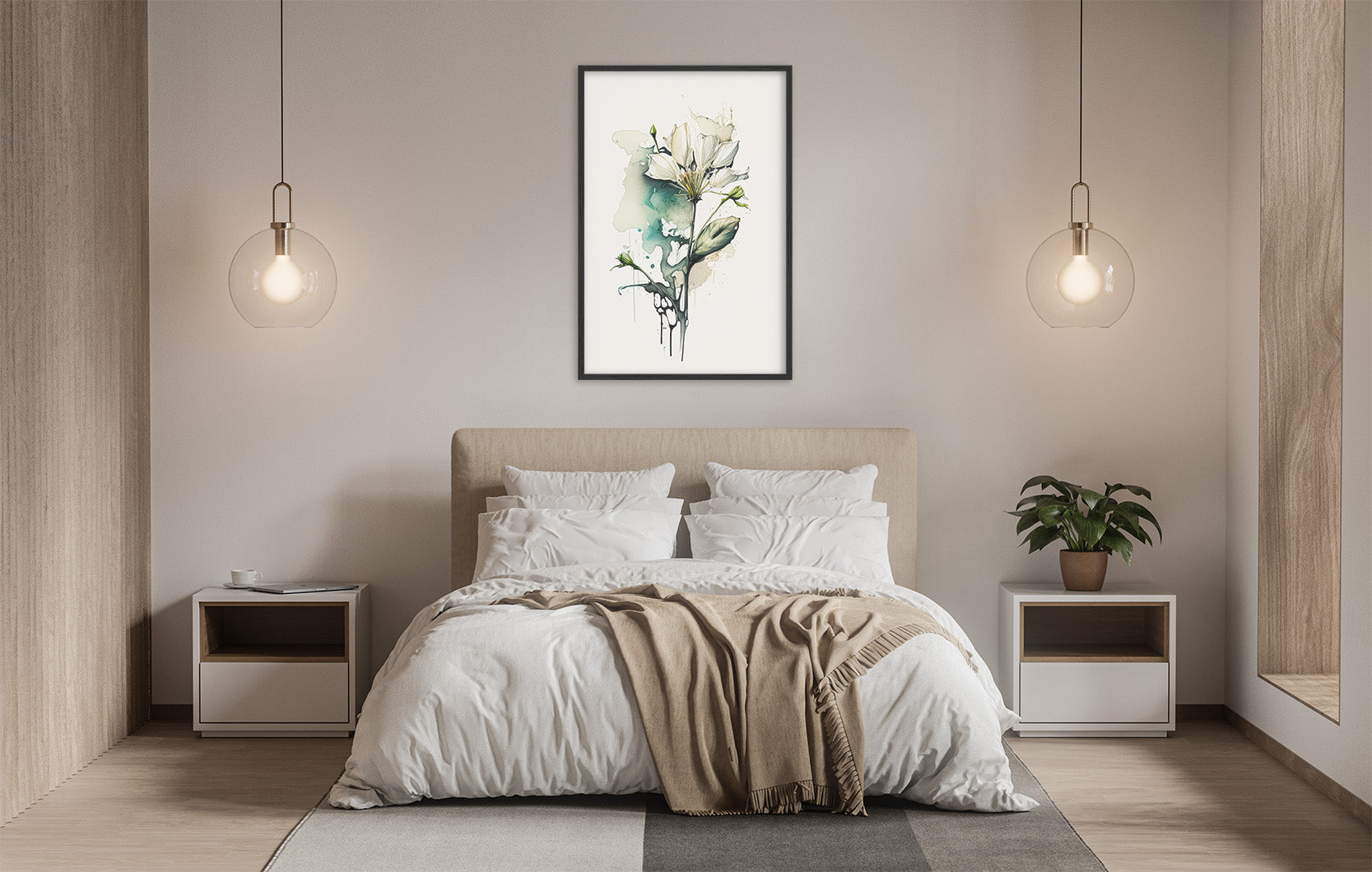 a serene and modern bedroom with a large bed, white bedding, and a framed artwork of a flower hanging above it. The room is illuminated by two pendant lights, creating a warm and inviting atmosphere.