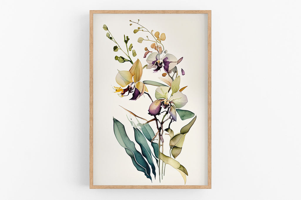 The image is a framed watercolor painting depicting a vibrant arrangement of orchids and green leaves.