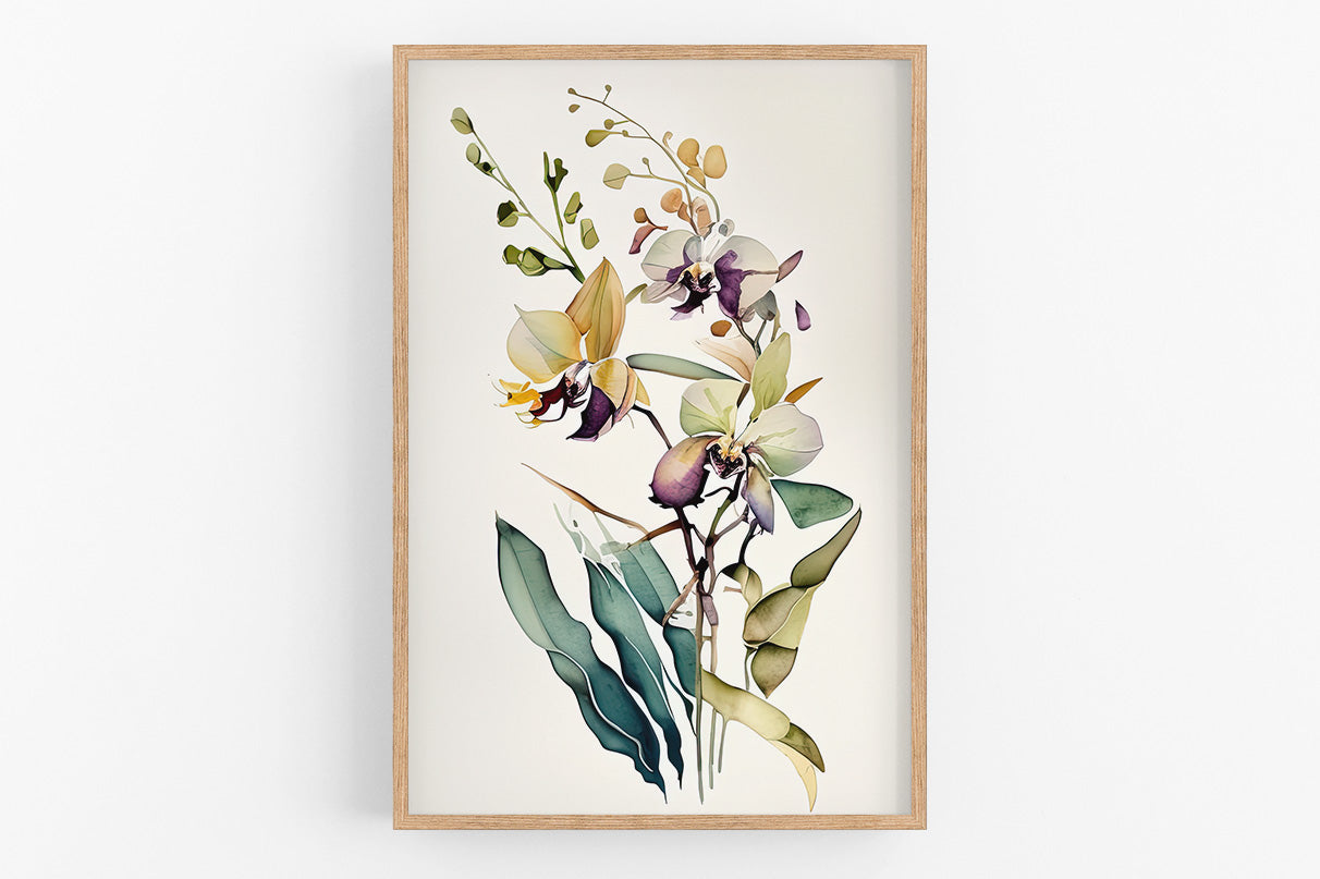 The image is a framed watercolor painting depicting a vibrant arrangement of orchids and green leaves.