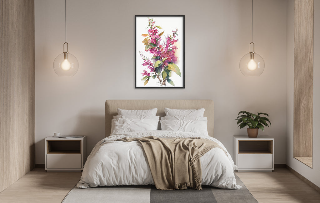 a serene and modern bedroom with a large bed, white bedding, and a framed painting of pink flowers hanging above it. The room is illuminated by two pendant lights, creating a warm and inviting atmosphere.
