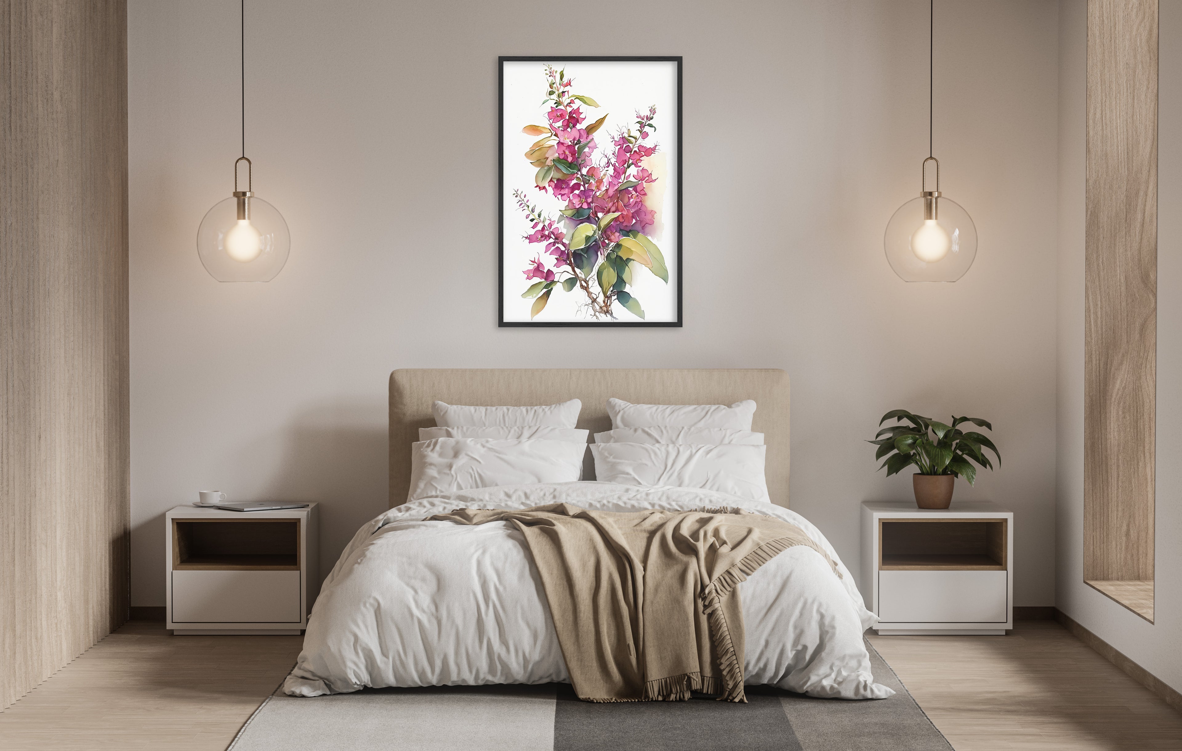 a serene and modern bedroom with a large bed, white bedding, and a framed painting of pink flowers hanging above it. The room is illuminated by two pendant lights, creating a warm and inviting atmosphere.