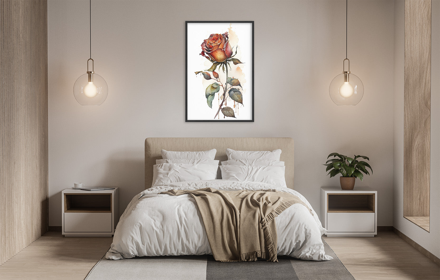 a serene and modern bedroom with a large bed, white bedding, and a framed painting of a red rose hanging above it. The room is illuminated by two pendant lights, creating a warm and inviting atmosphere.