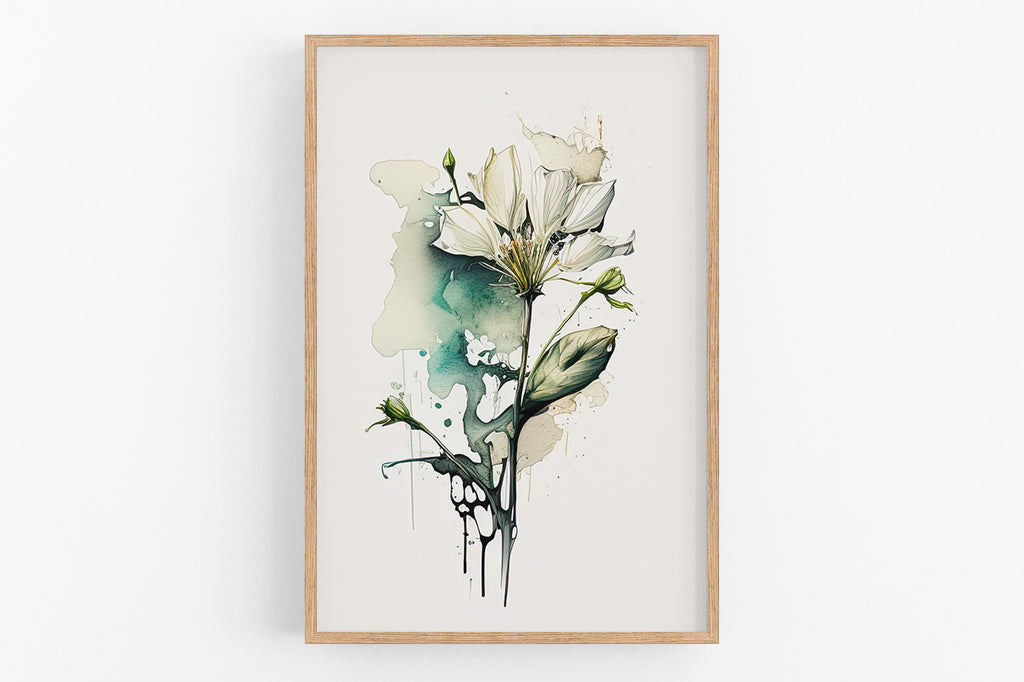 The image is a framed print depicting a white flower with green leaves and stems, set against a light background.