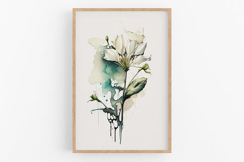 The image is a framed print depicting a white flower with green leaves and stems, set against a light background.