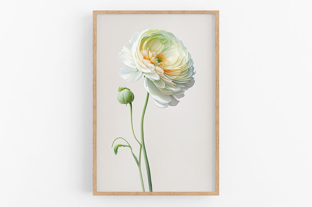 A framed image of a large, white flower with a yellow center, surrounded by green stems and leaves.