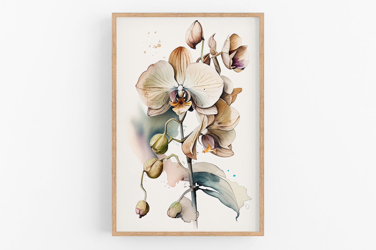 The image is a framed watercolor painting depicting a beautiful orchid flower with delicate petals and green leaves.