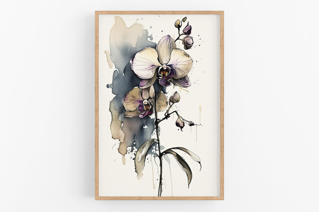 The image is a framed watercolor painting depicting a close-up of a delicate orchid flower with its petals and leaves in shades of purple and white.
