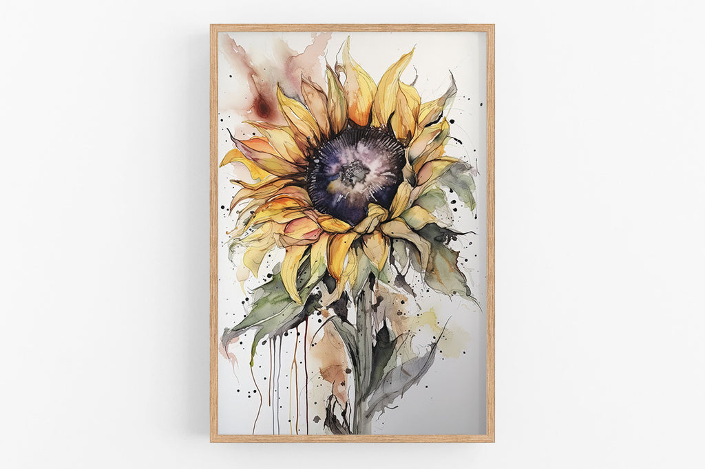 The image is a watercolor painting of a sunflower, with vibrant yellow petals and a purple center.