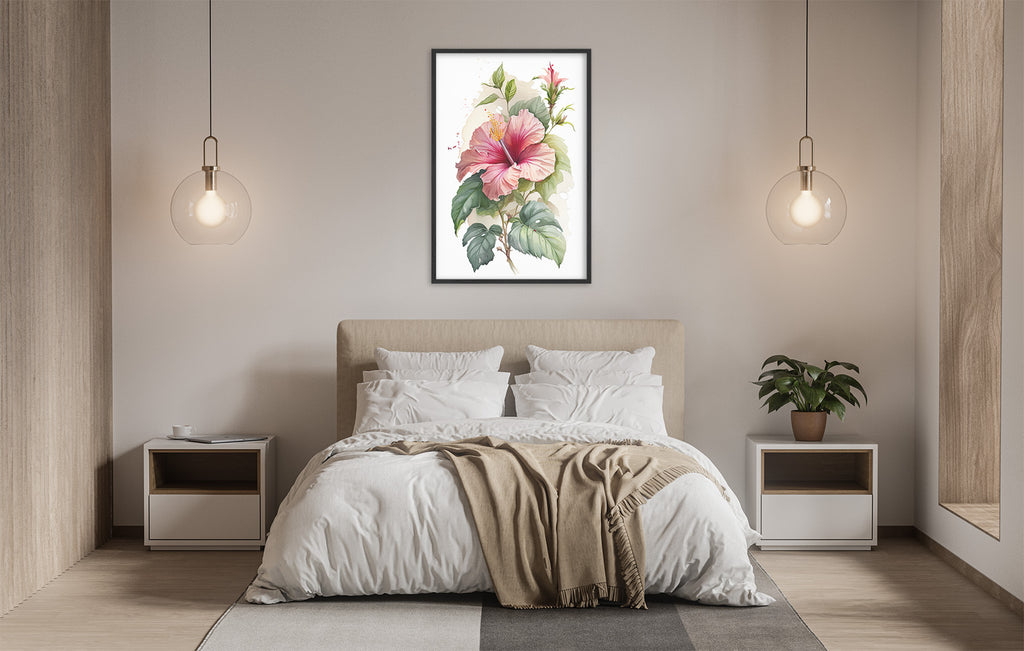 a serene and modern bedroom with a large bed, white bedding, and a framed painting of a pink hibiscus flower hanging above it. The room is illuminated by two pendant lights, creating a warm and inviting atmosphere.