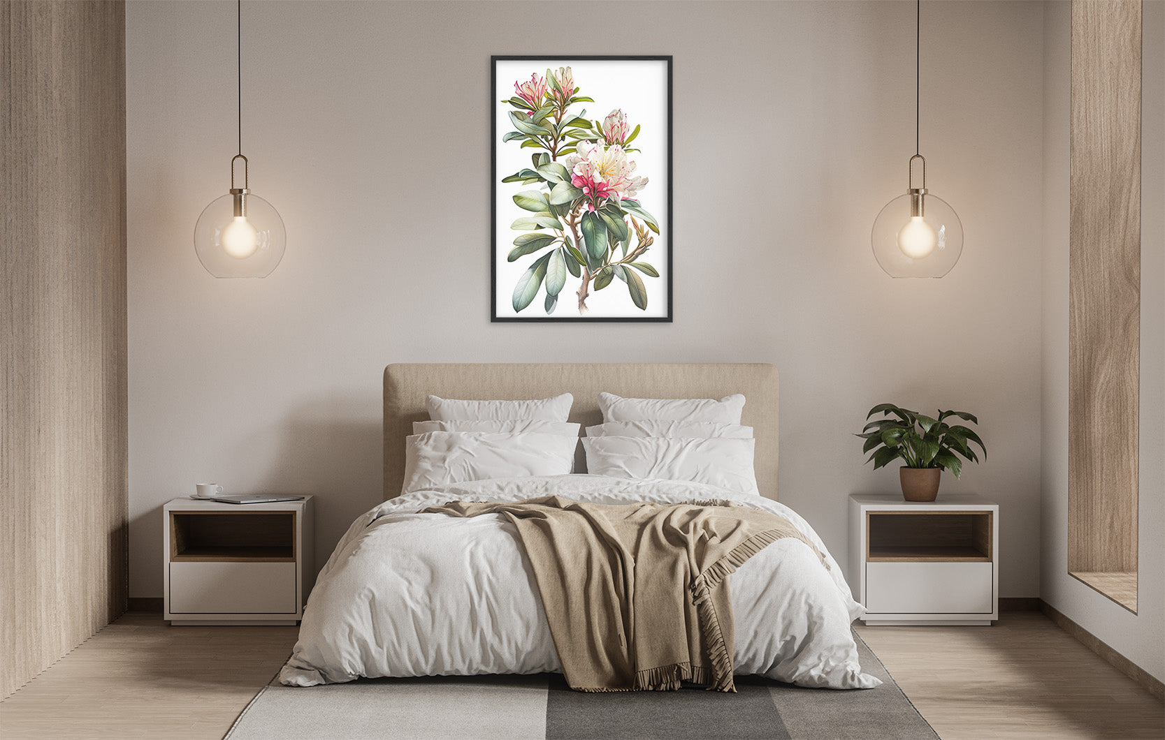 a serene and modern bedroom with a large bed, white bedding, and a framed floral artwork hanging above it. The room is illuminated by two pendant lights, creating a warm and inviting atmosphere.